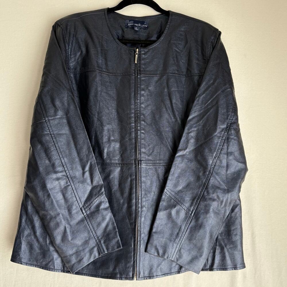 Susan Graver Style Faux Leather Zip Front Jacket XL Navy